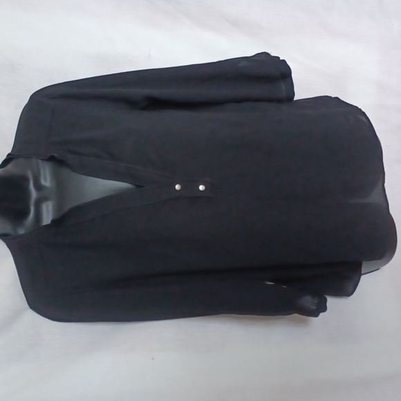 Zara Basic Black 3/4 Sleeve Tunic Blouse Medium, raw edges. Semi-sheer - Picture 1 of 7